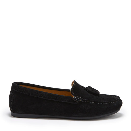 Women's Tasselled Driving Loafers Full Rubber Sole, black suede-0